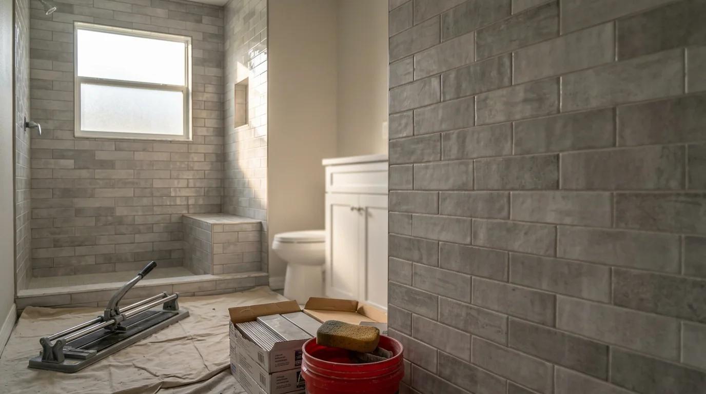 Newly remodeled bathroom with installed tile flooring and wall tile in a modern design.