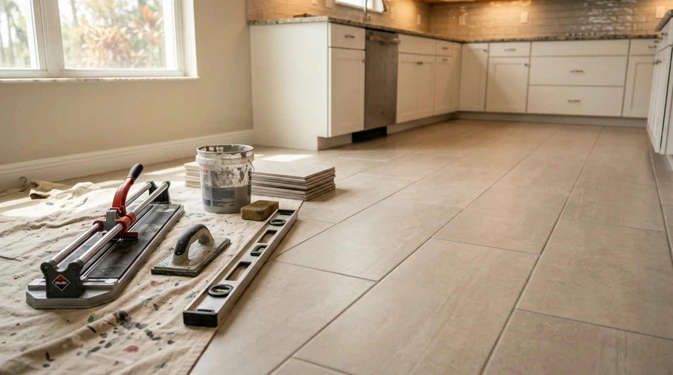 Newly installed ceramic tile flooring in a residential kitchen with clean grout lines.