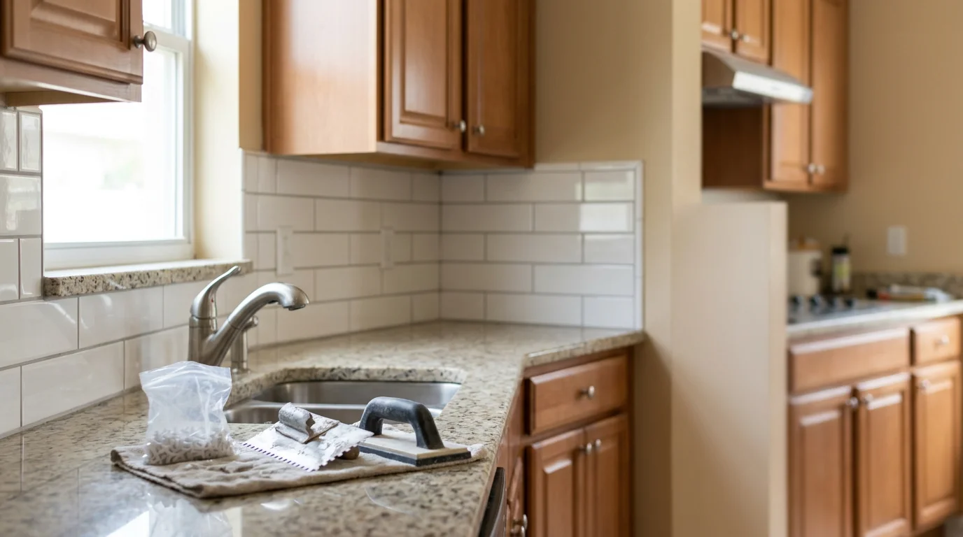 Professional tile installation in a modern bathroom with ceramic floor tile and wall tile.
