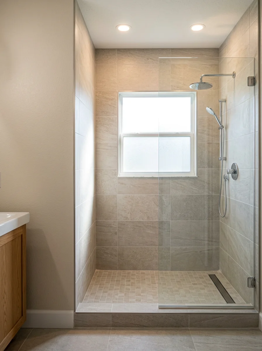 Bathroom tile installation in an Apollo Beach home with a walk-in shower, featuring floor-to-ceiling tile and a waterproof wet area finish.