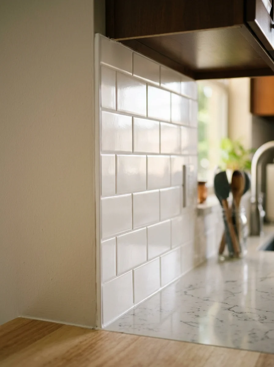 Close-up of a kitchen backsplash tile installation in a Riverview subdivision home, showing clean grout lines and subway tile pattern.