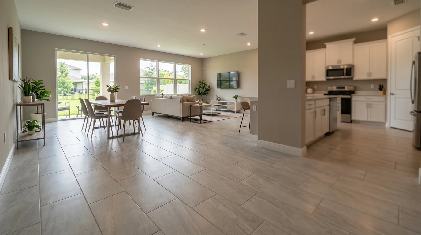 Freshly installed large-format porcelain floor tile in an open-concept living and dining area of a Riverview, FL single-family home.