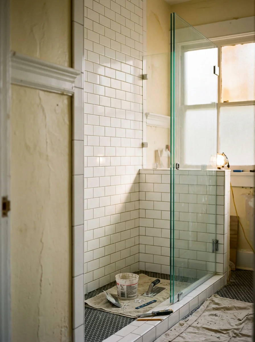 Bathroom tile installation in a South Tampa historic home, featuring floor-to-ceiling wall tile in a walk-in shower with a frameless glass enclosure.