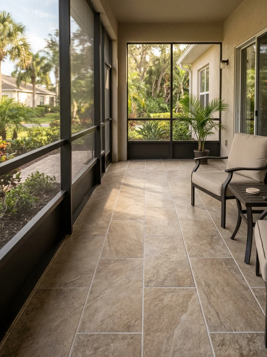 Screened lanai patio tile installation in a Sun City Center 55-plus community home, with outdoor-rated porcelain tile and clean grout lines.