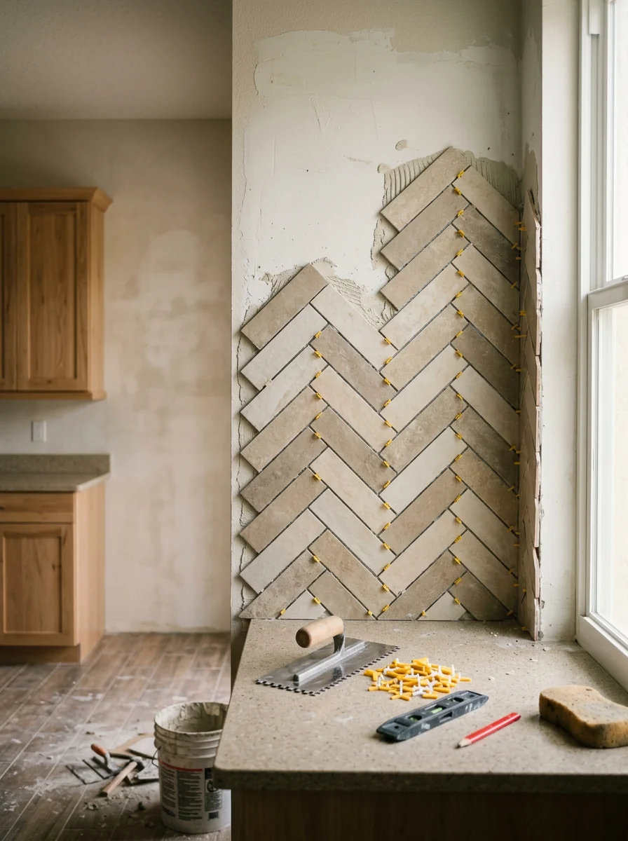 Kitchen backsplash tile installation in a Tampa Palms gated community home, featuring a herringbone pattern in a neutral porcelain tile.