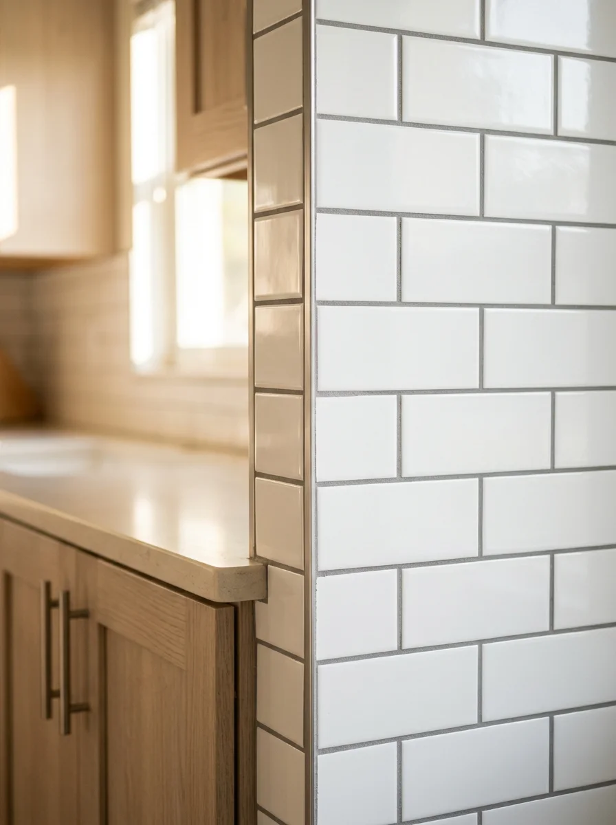 Kitchen backsplash tile installation in a Valrico home with updated cabinetry, showing a clean subway tile layout with tight grout lines.