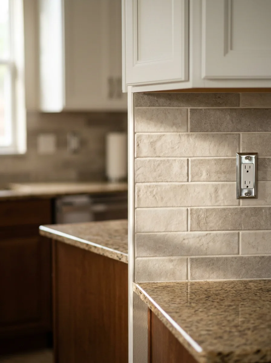 Kitchen backsplash tile installation in a Westchase home, featuring a stacked tile pattern in a light porcelain above updated granite countertops.