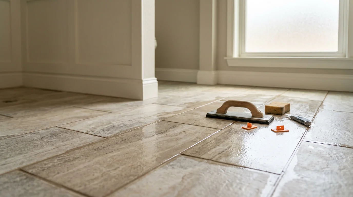 Freshly installed bathroom floor tile in a Riverview, FL home, showing clean grout lines and a level tile surface. The bathroom floor reflects natural light against neutral-toned tile laid in a straight grid pattern.