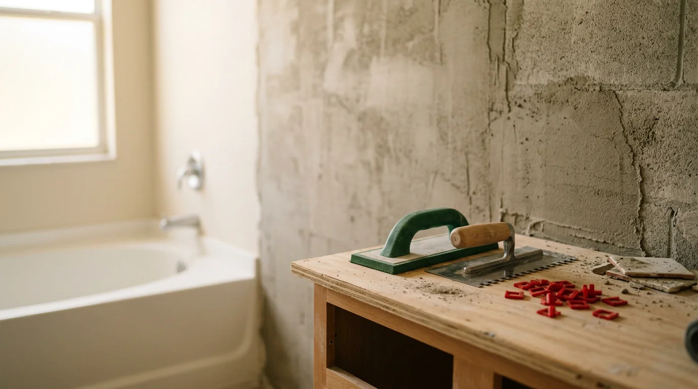 Freshly replaced bathroom wall tile with clean grout lines in a Riverview, FL home. Close-up view showing smooth tile surface and finished vanity surround after professional tile replacement.