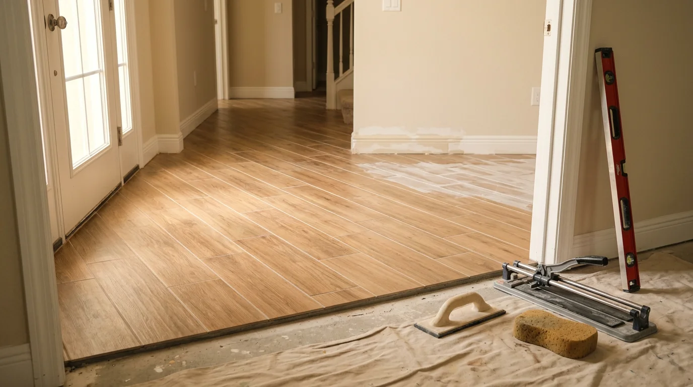 Freshly installed tile flooring in the entryway of a Riverview, FL home, showing clean grout lines and a flat, even surface. The tile runs from the front door threshold into the interior hallway of a Florida residential property.