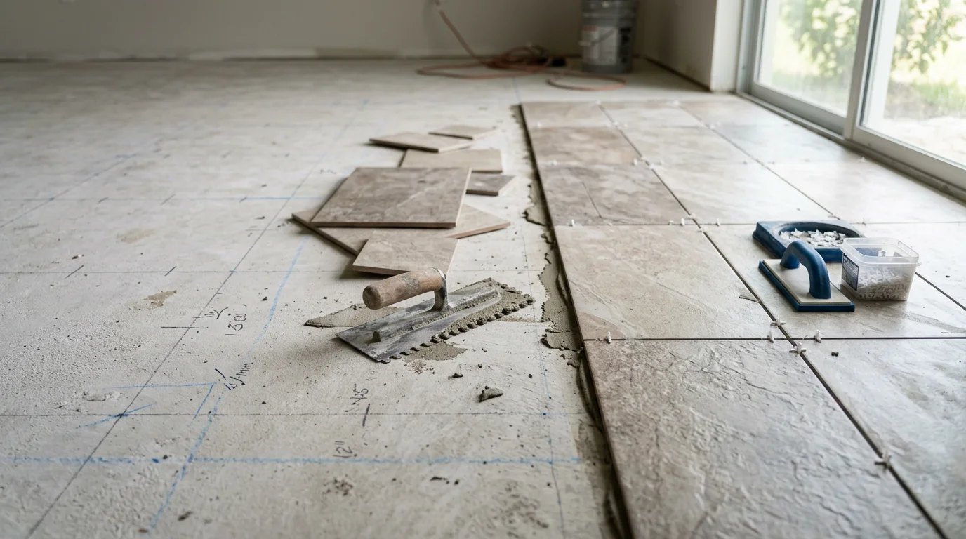 Freshly installed floor tile in a Riverview, FL single-family home living room, showing clean grout lines and a level surface extending into an open-plan layout. The tile reflects natural light from nearby windows in a typical Florida residential interior.