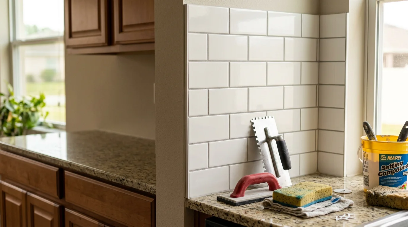 Freshly installed kitchen tile backsplash in a Riverview, FL home, showing clean grout lines and precise cuts around cabinetry and countertops. The tile runs evenly from the countertop surface to the upper cabinets with finished edges along each side.