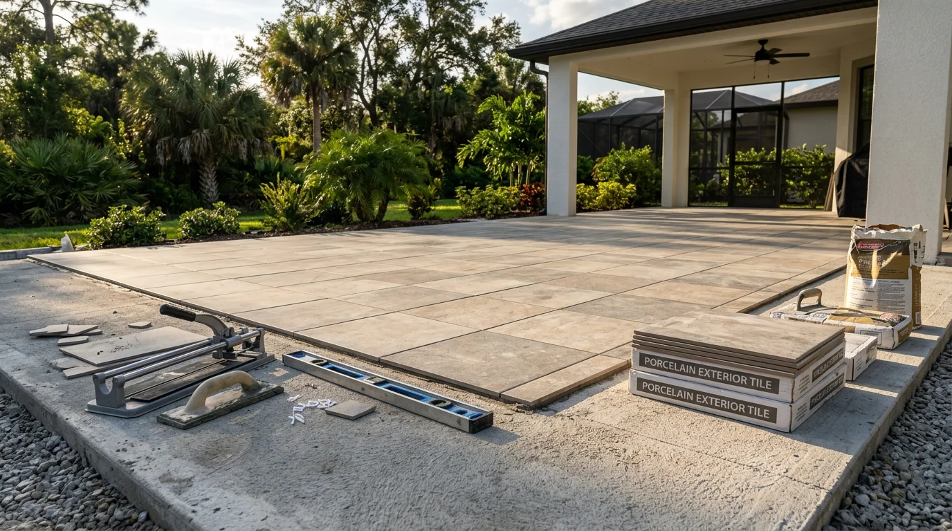 Freshly installed exterior-rated tile on a residential patio in Riverview, FL, showing clean grout lines and a textured slip-resistant finish. The outdoor space connects to the home's back yard under bright Florida sunlight.