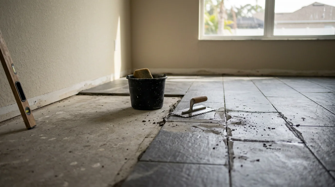 Freshly installed residential floor tile in a Riverview, FL home, showing clean grout lines and a consistent tile layout across an open living area. The finished floor reflects natural light in a single-story Florida home interior.