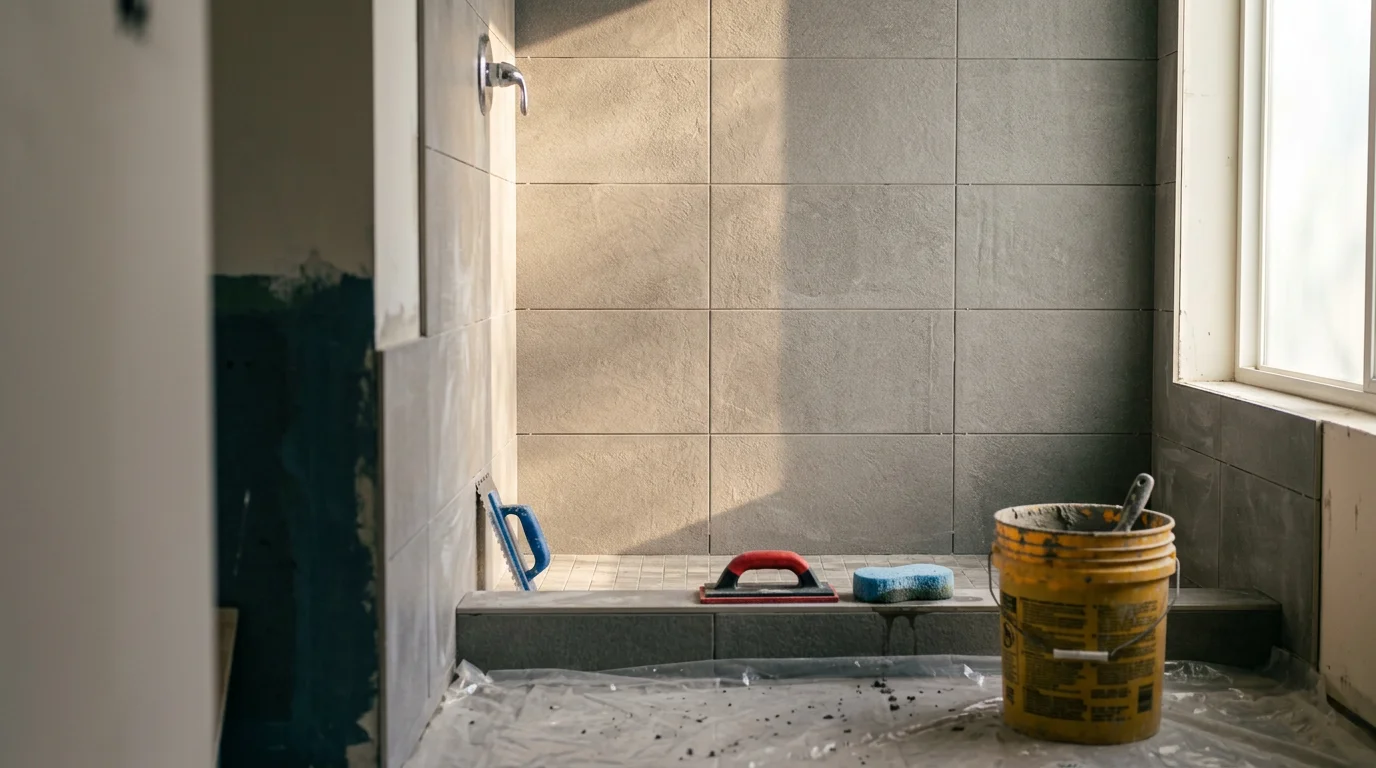 Freshly installed shower wall tile in a Riverview, FL bathroom, showing clean grout lines and a fully tiled shower surround. Close view of the tiled shower niche and sealed grout joints completed by Santa Rosa Tile Installation.