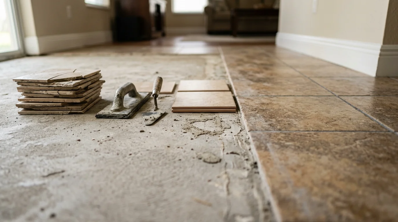 A Riverview, FL home floor showing a repaired tile section with freshly set tiles and clean grout lines blending into the surrounding floor. Close-up view of a completed tile floor repair on a concrete slab in a Florida residential home.